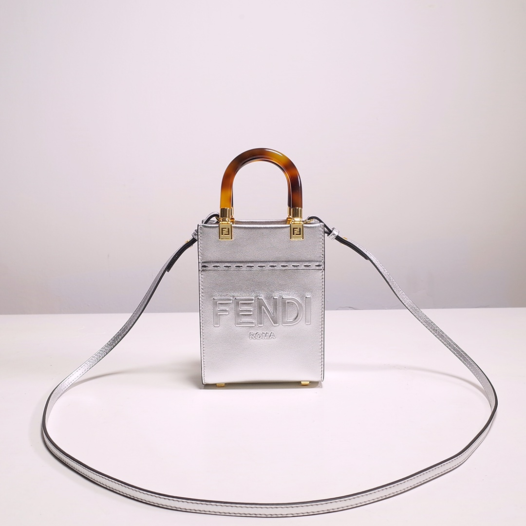 Fendi Mini Sunshine Shopper Bag In Silver Laminated Leather (13-18-6.5CM) - EUR FASHION