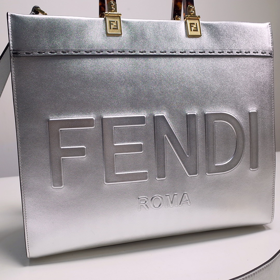 Fendi Sunshine Medium Shopper Bag In Silver Laminated Leather (35-31-17cm)  8BH386 - EUR FASHION