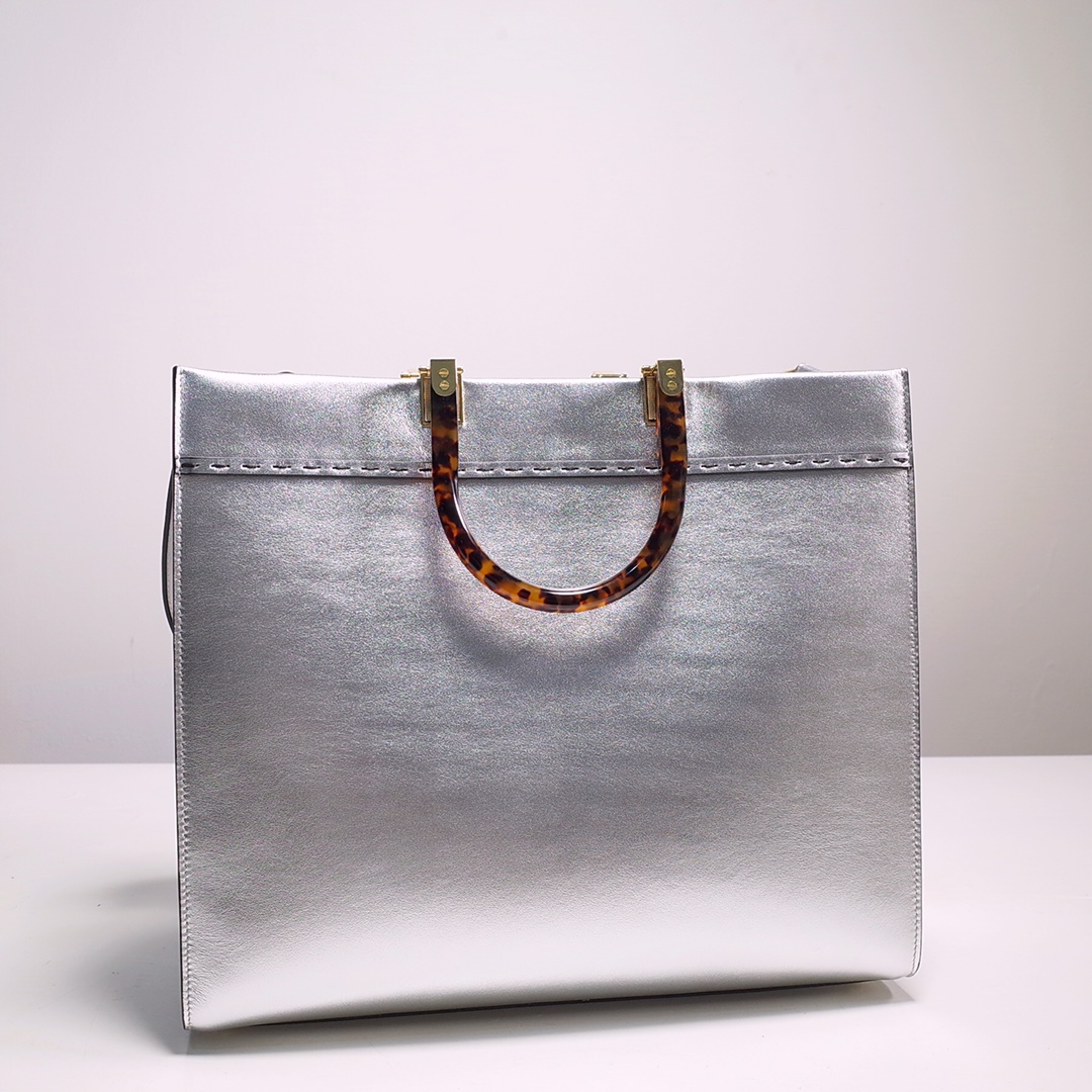 Fendi Sunshine Medium Shopper Bag In Silver Laminated Leather (35-31-17cm)  8BH386 - EUR FASHION