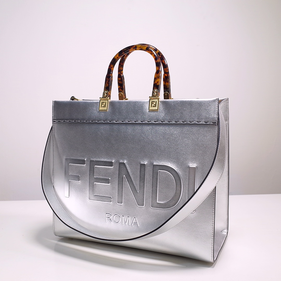 Fendi Sunshine Medium Shopper Bag In Silver Laminated Leather (35-31-17cm)  8BH386 - EUR FASHION