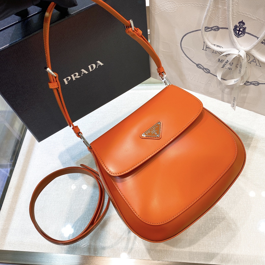 Prada Cleo Brushed Leather Shoulder Bag In Orange(24-19-6cm)   1BD303 - EUR FASHION