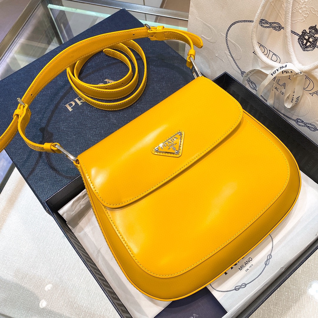 Prada Cleo Brushed Leather Shoulder Bag In Yellow(24-19-6cm)   1BD303 - EUR FASHION