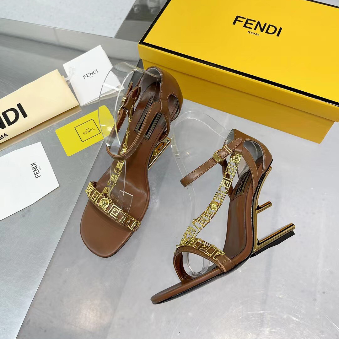 Fendi Fendi First Fendace Brown Leather High-Heeled Sandals - EUR FASHION