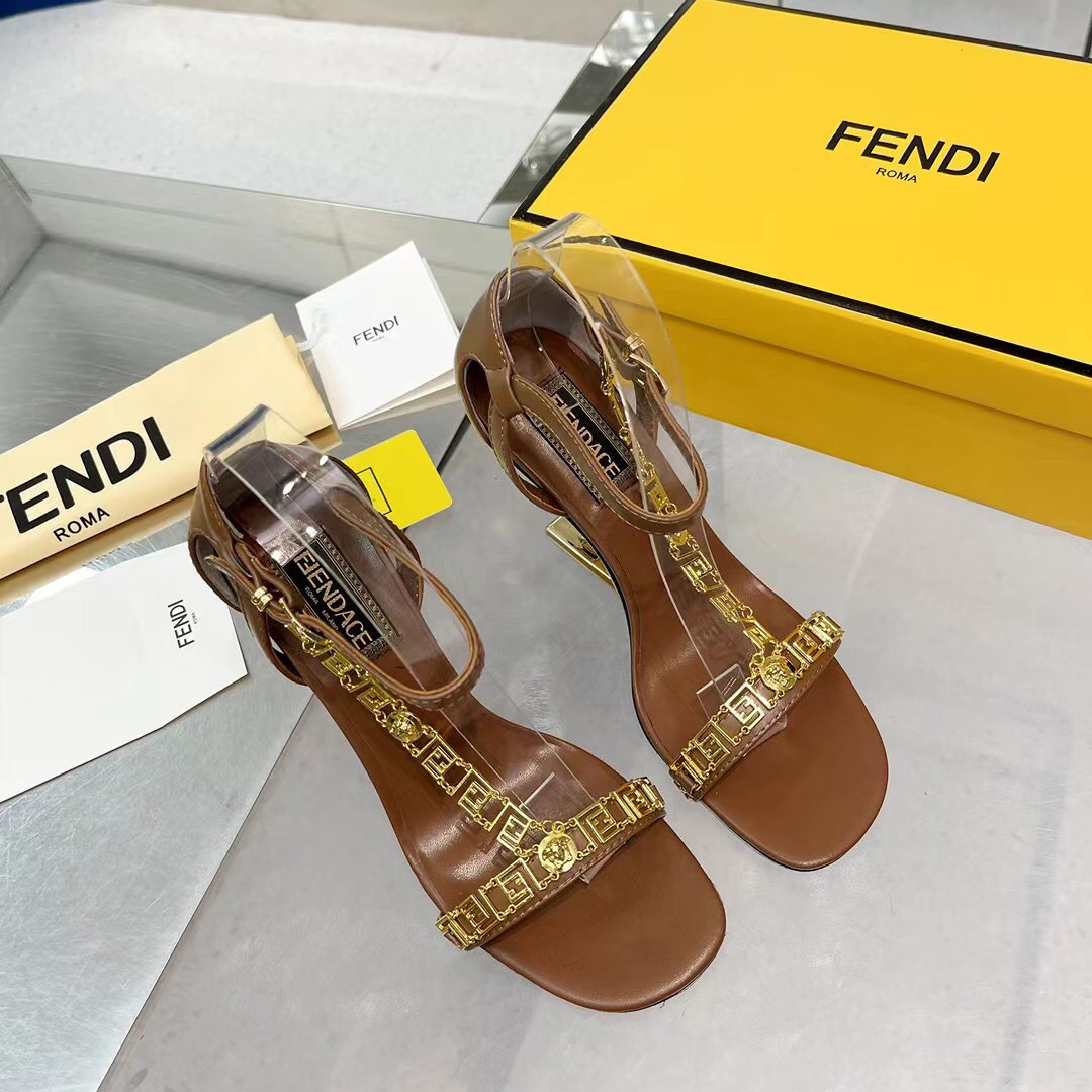 Fendi Fendi First Fendace Brown Leather High-Heeled Sandals - EUR FASHION