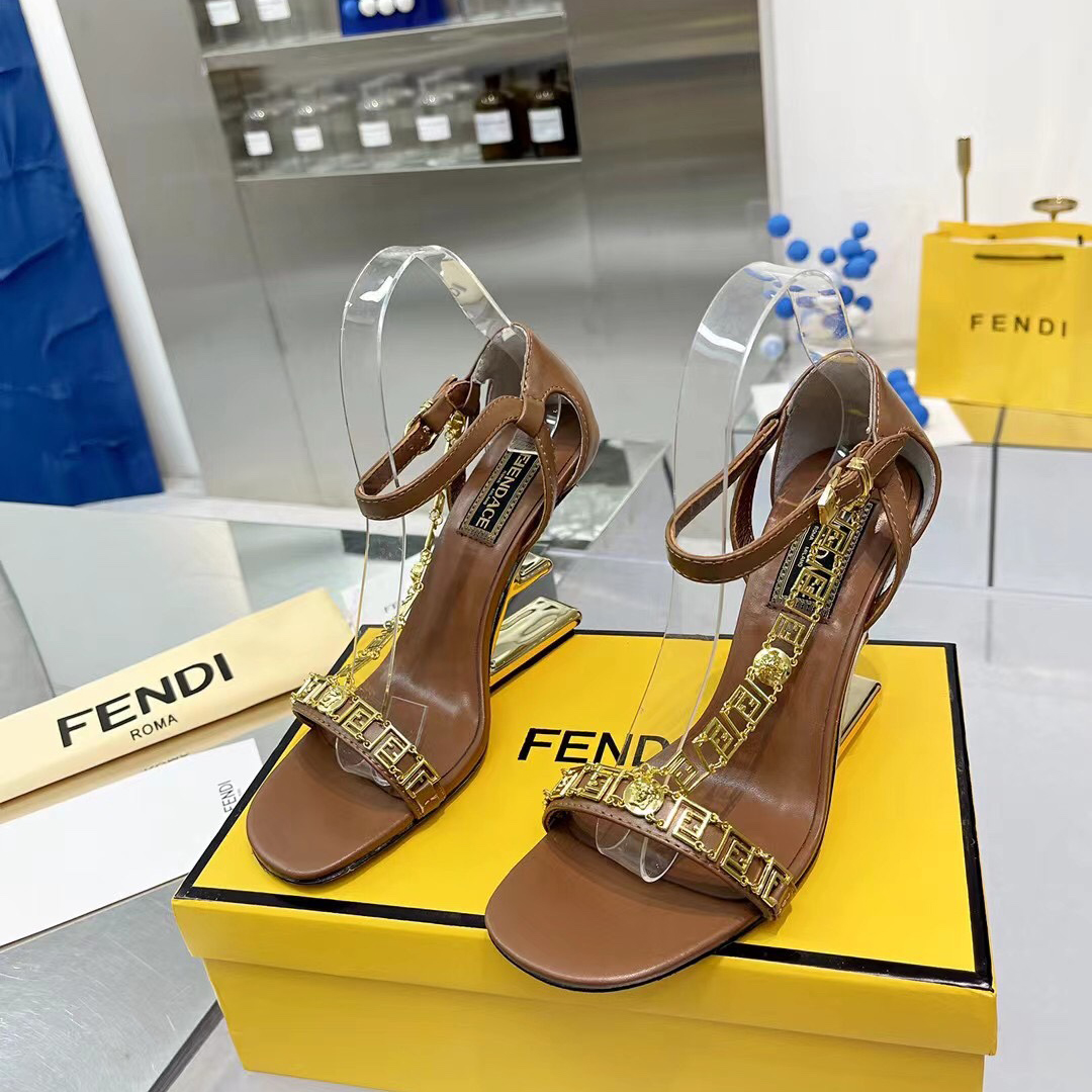 Fendi Fendi First Fendace Brown Leather High-Heeled Sandals - EUR FASHION