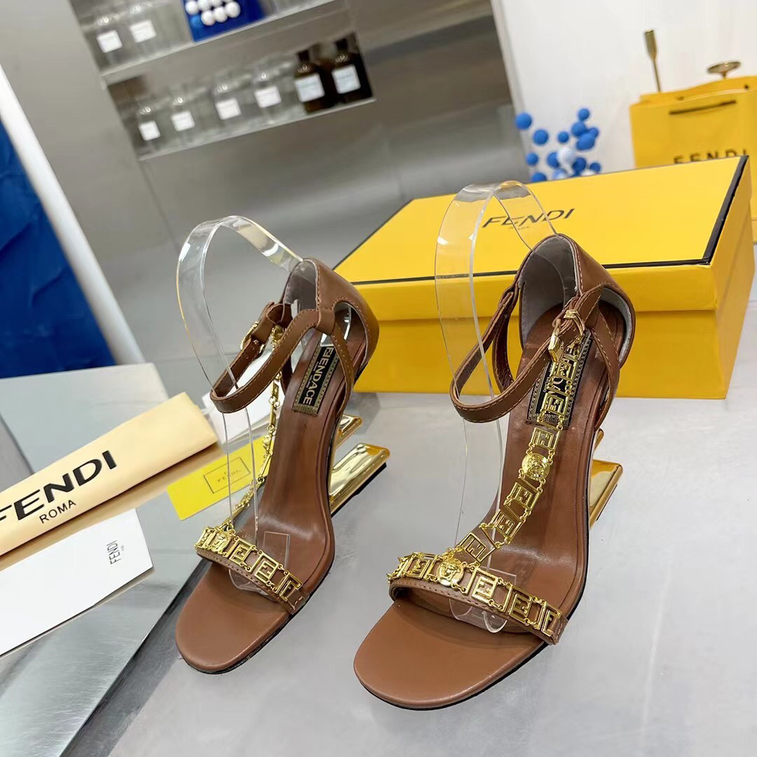 Fendi Fendi First Fendace Brown Leather High-Heeled Sandals - EUR FASHION