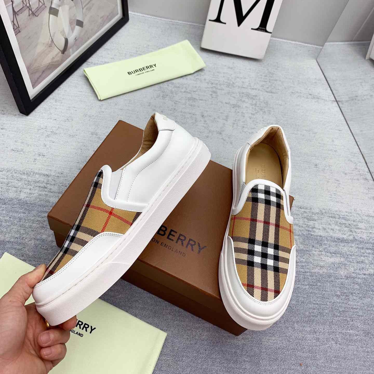 Burberry Leather And Vintage Check Slip-On Sneakers - EUR FASHION