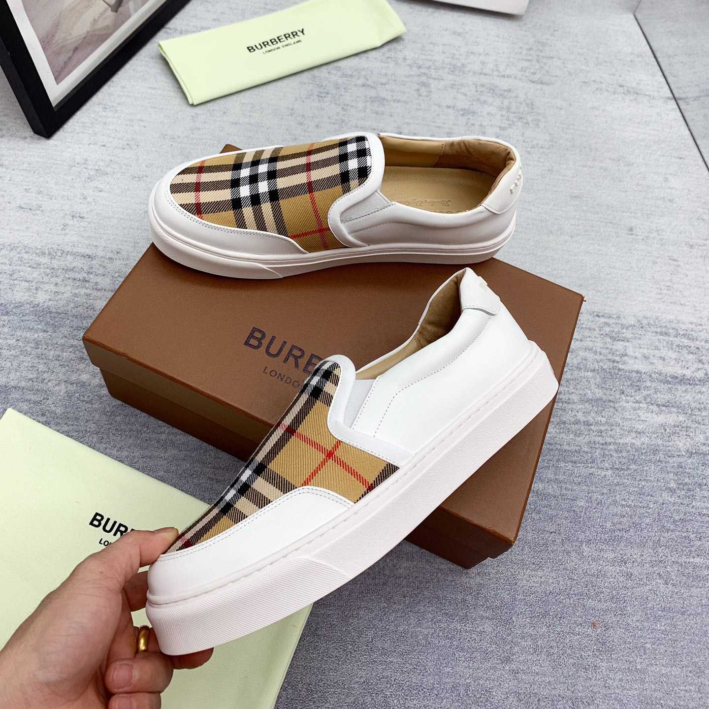 Burberry Leather And Vintage Check Slip-On Sneakers - EUR FASHION