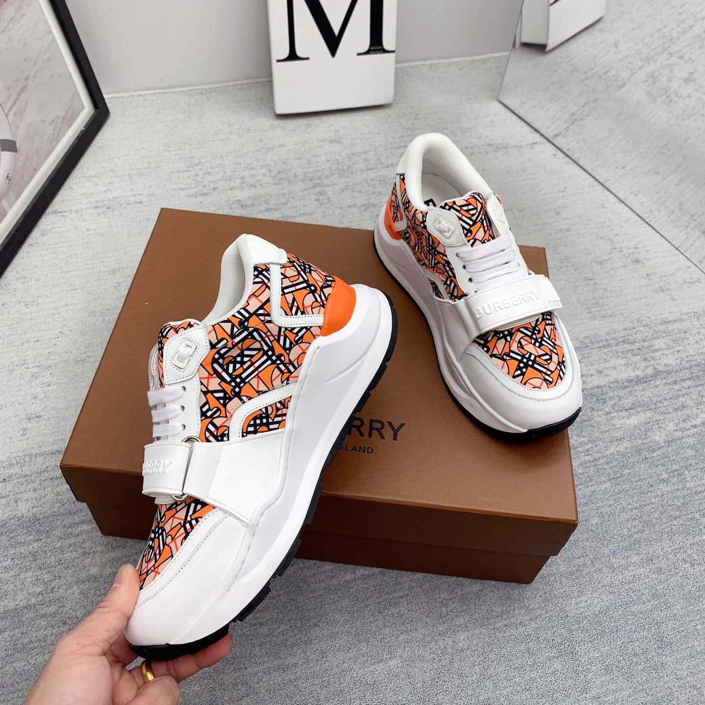 Burberry Monogram Print Linen Nylon And Leather Sneakers - EUR FASHION