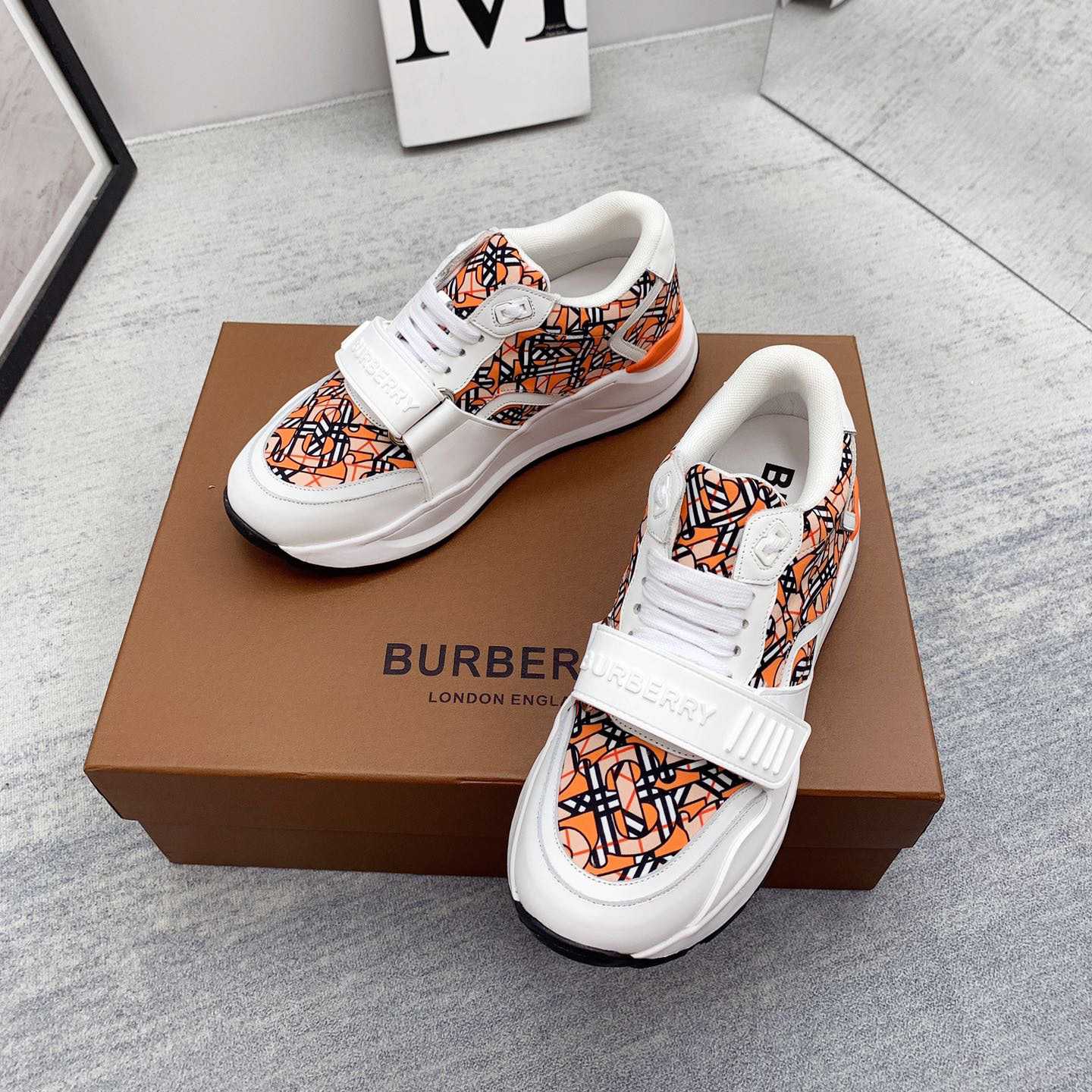 Burberry Monogram Print Linen Nylon And Leather Sneakers - EUR FASHION