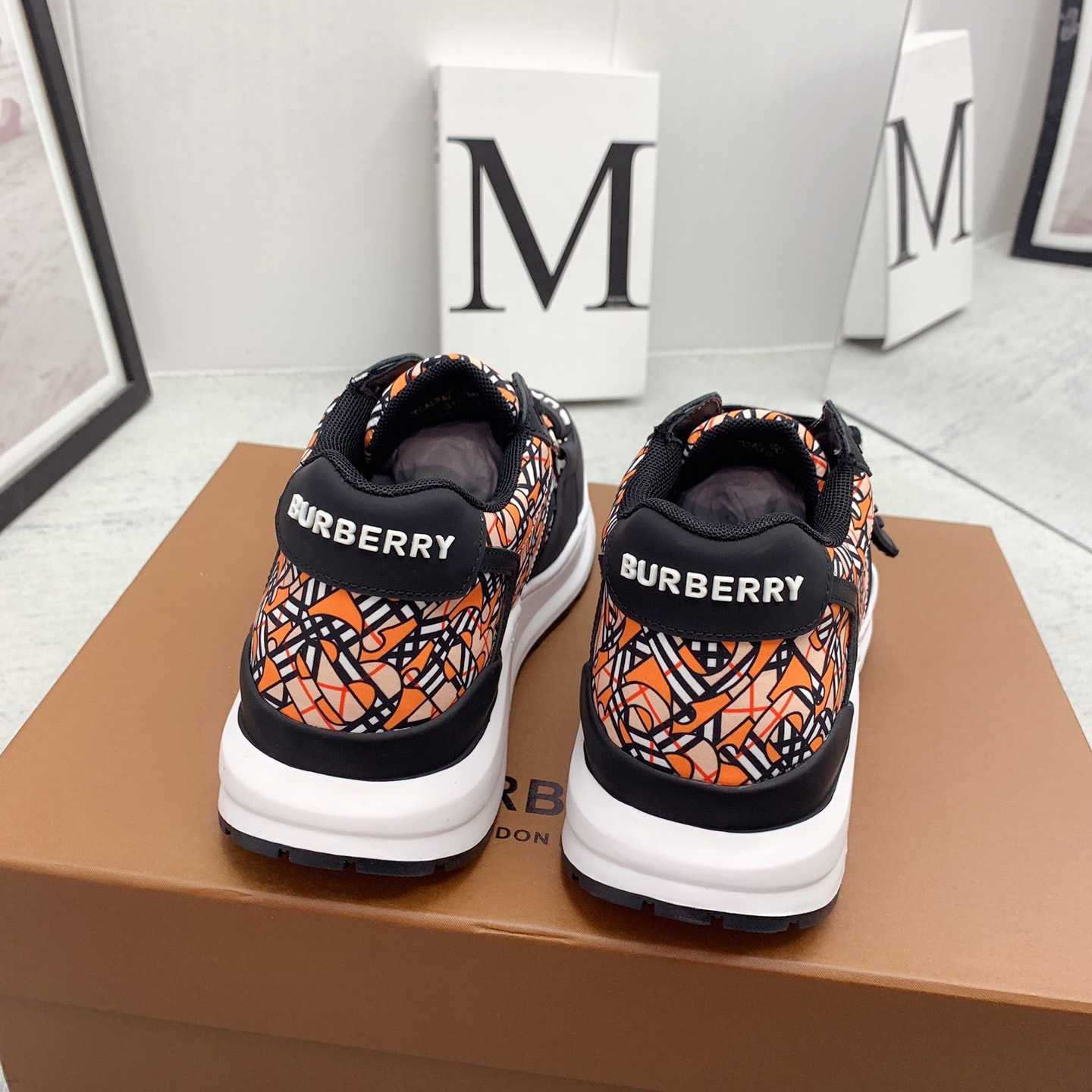 Burberry Monogram Print Linen Nylon And Leather Sneakers - EUR FASHION