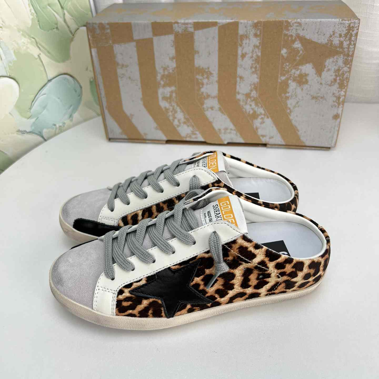 Golden Goose Super-Star Sabots In Leopard-Print Pony Skin With Black Leather Star And Ice-Gray Suede Tongue - EUR FASHION