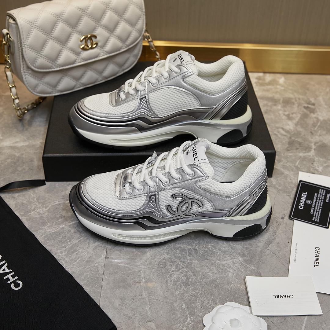 Chanel Fabric & Laminated Sneakers In White & Silver - EUR FASHION