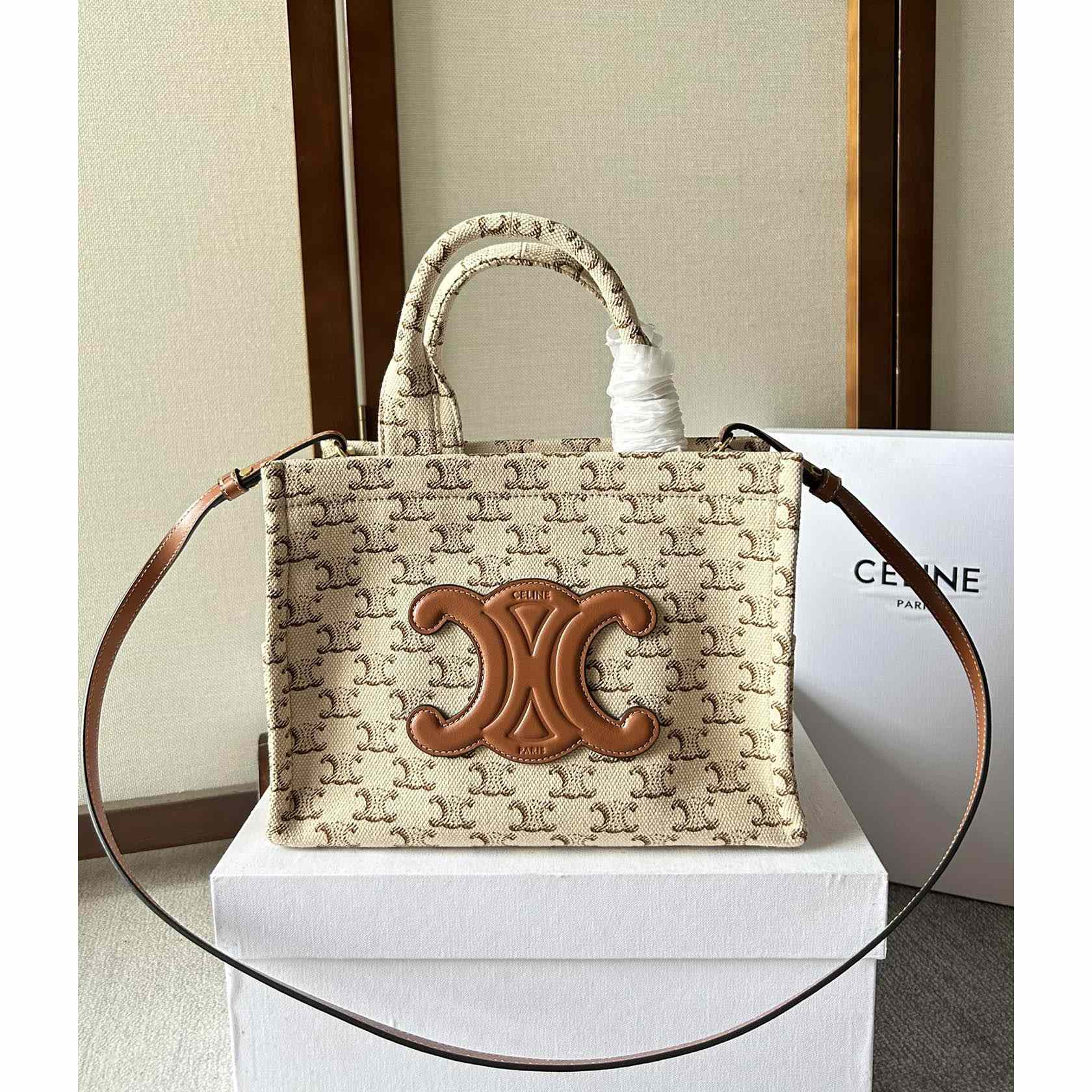 Celine Small Cabas Thais  In Textile With Triomphe Canvas Print And Calfskin White - EUR FASHION