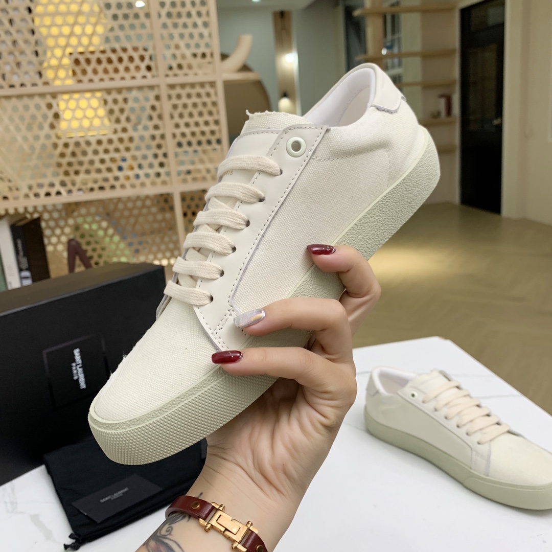 Saint Laurent Court Classic Sl/06 Sneakers Embroidered With Saint Laurent,In White Worn-look Fabric And Leather - EUR FASHION