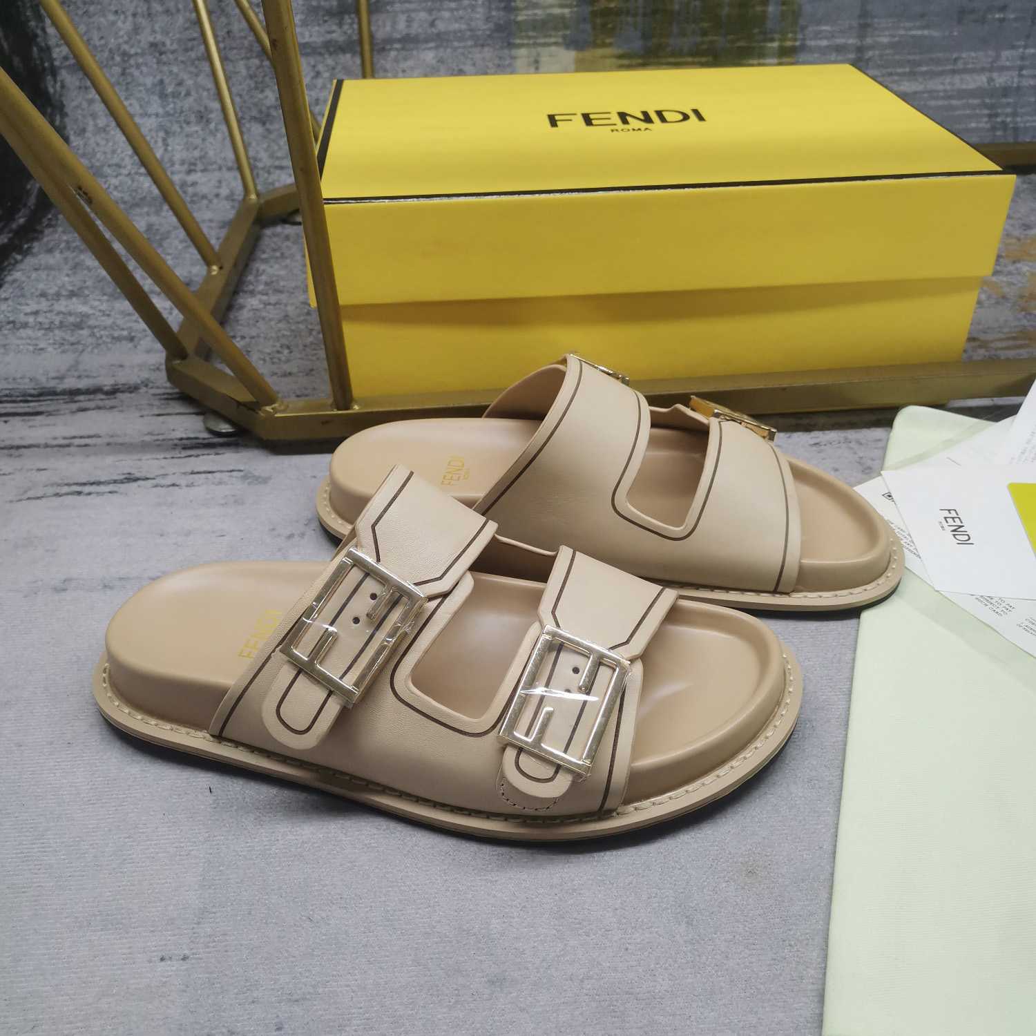 Fendi Feel Beige Leather Slides - EUR FASHION