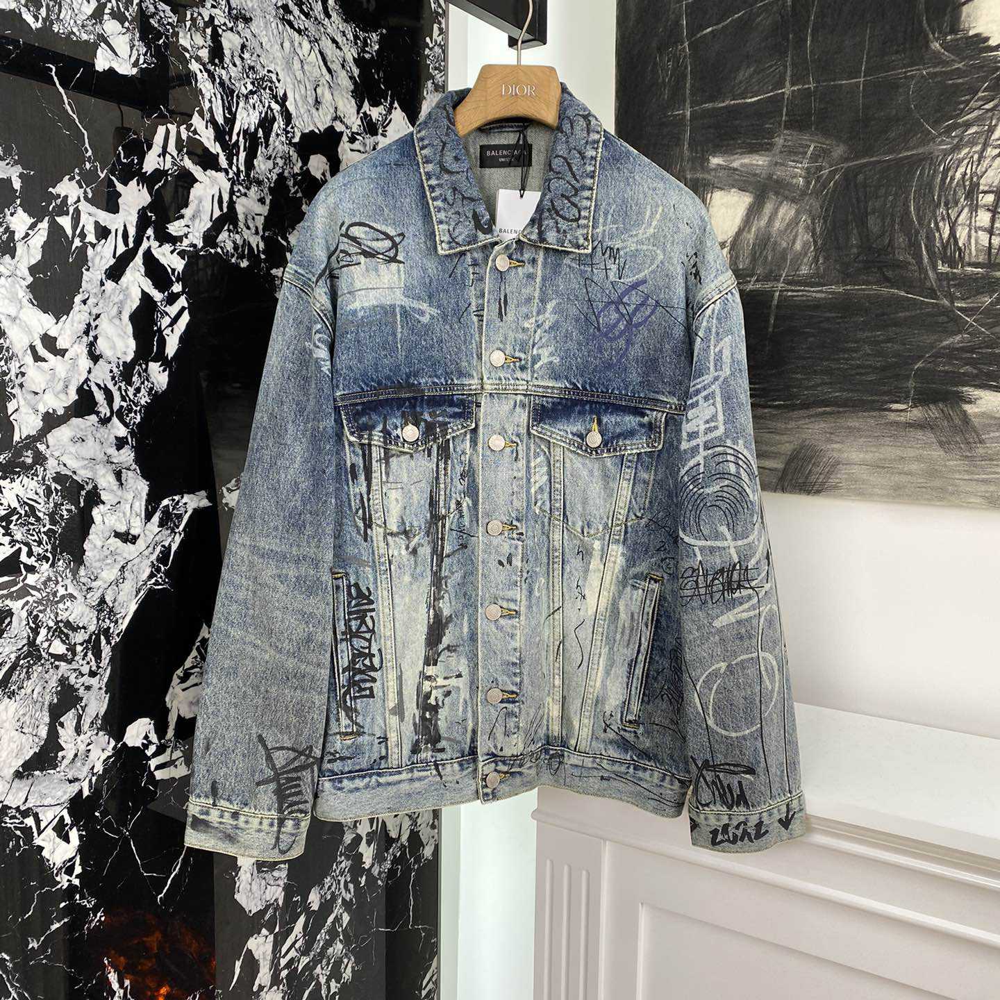 Balenciaga Blue Graffiti Denim Jacket Coat - EUR FASHION