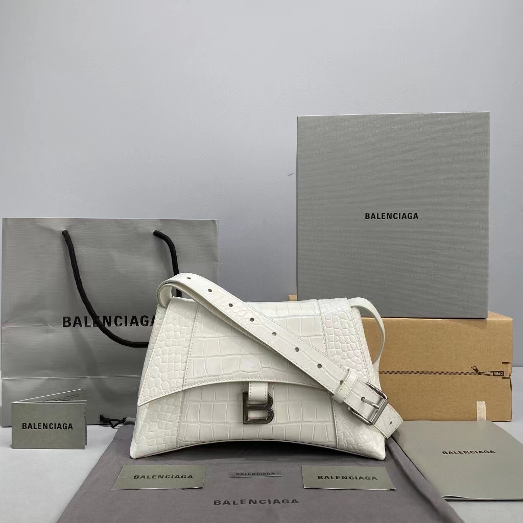 Balenciaga Women's Downtown Small Shoulder Bag Crocodile Embossed In White（29-18-10CM） - EUR FASHION