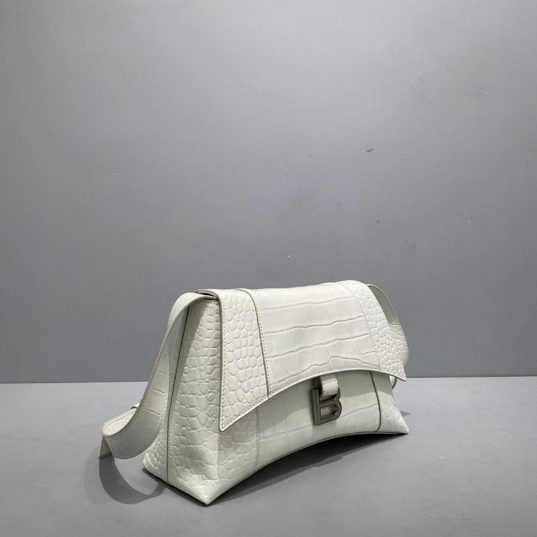 Balenciaga Women's Downtown Small Shoulder Bag Crocodile Embossed In White（29-18-10CM） - EUR FASHION