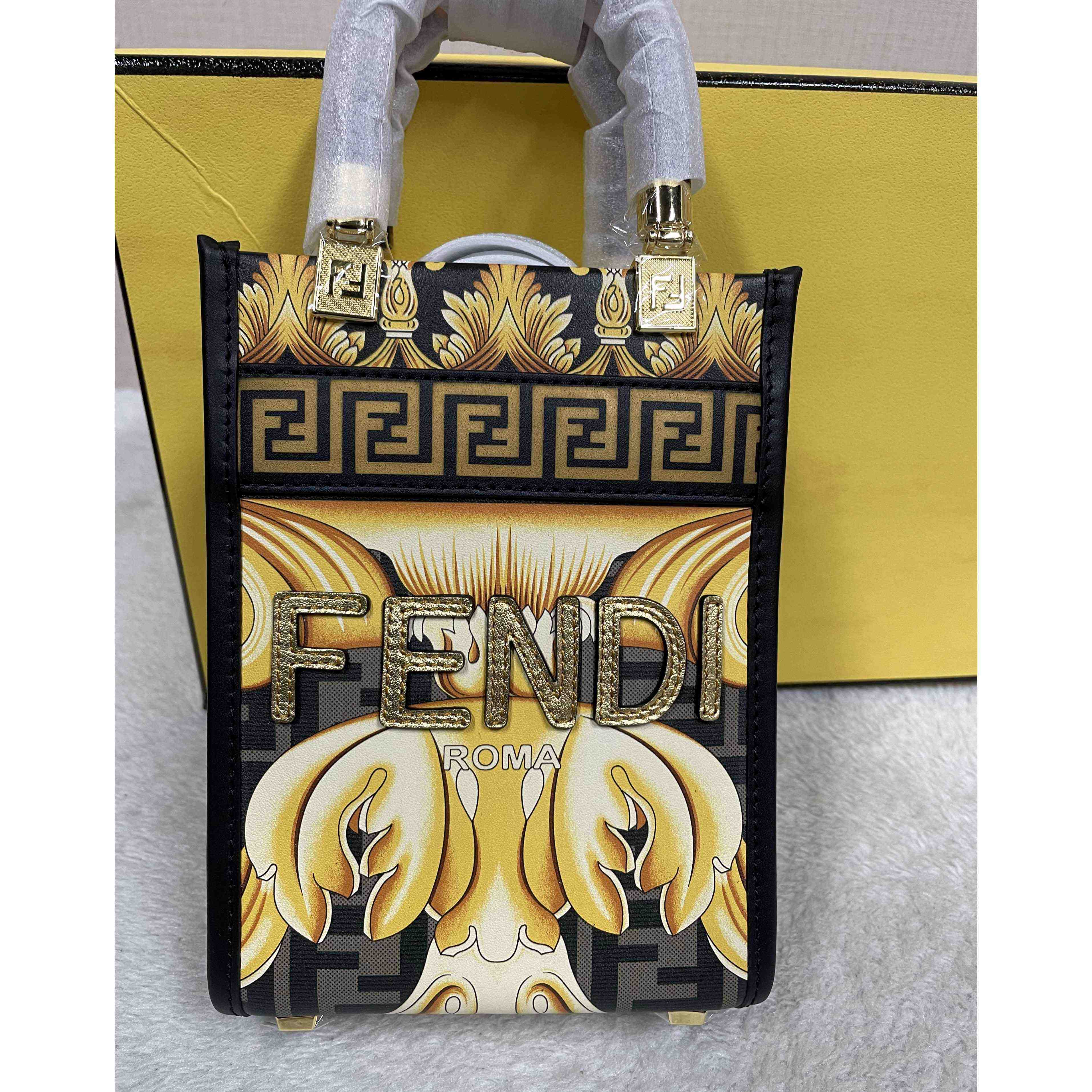 Versace x Fendi Mini Sunshine Shopper Fendace Printed White Leather Mini Bag(13-18-6.5cm) - EUR FASHION