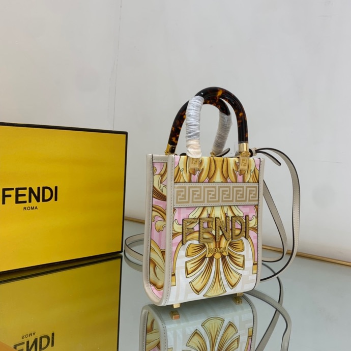 Versace x Fendi Mini Sunshine Shopper Fendace Printed White Leather Mini Bag(13-18-6.5cm) - EUR FASHION