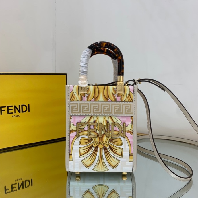 Versace x Fendi Mini Sunshine Shopper Fendace Printed White Leather Mini Bag(13-18-6.5cm) - EUR FASHION