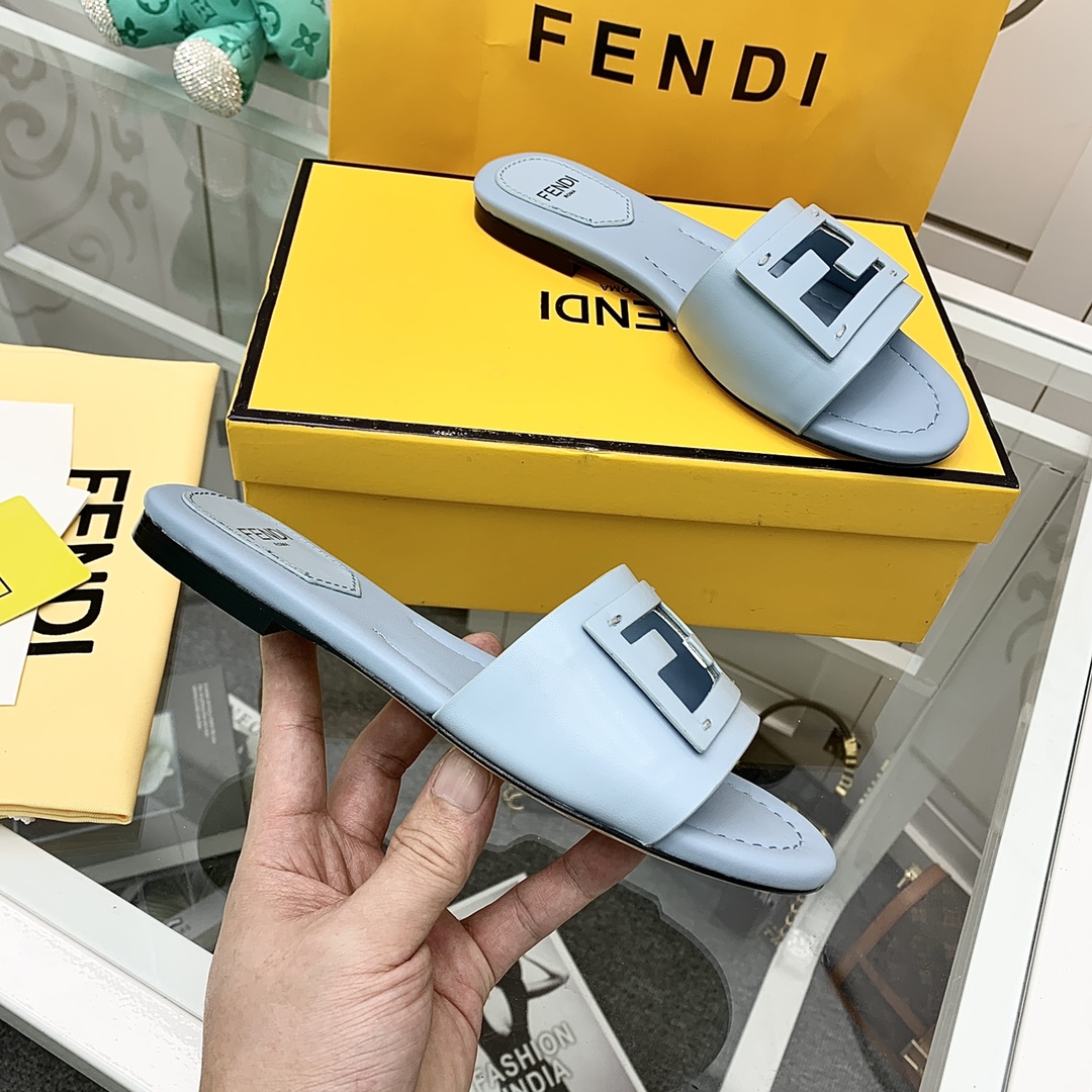 Fendi Signature Light Blue Leather Slides - EUR FASHION