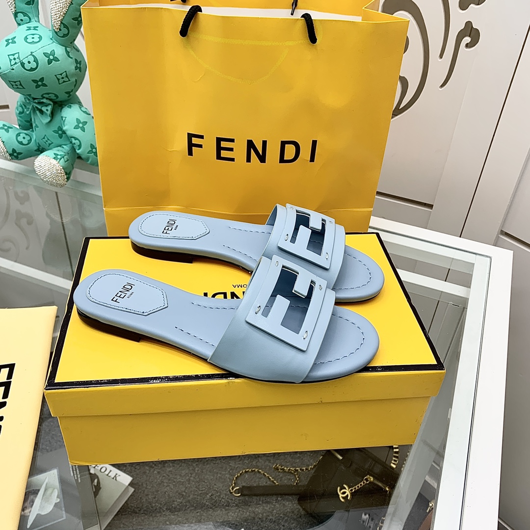 Fendi Signature Light Blue Leather Slides - EUR FASHION