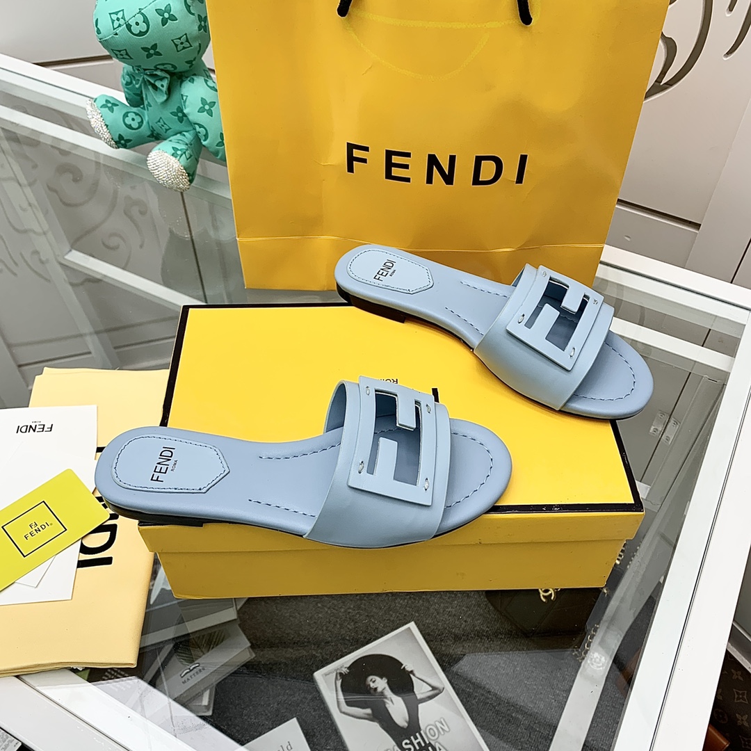 Fendi Signature Light Blue Leather Slides - EUR FASHION