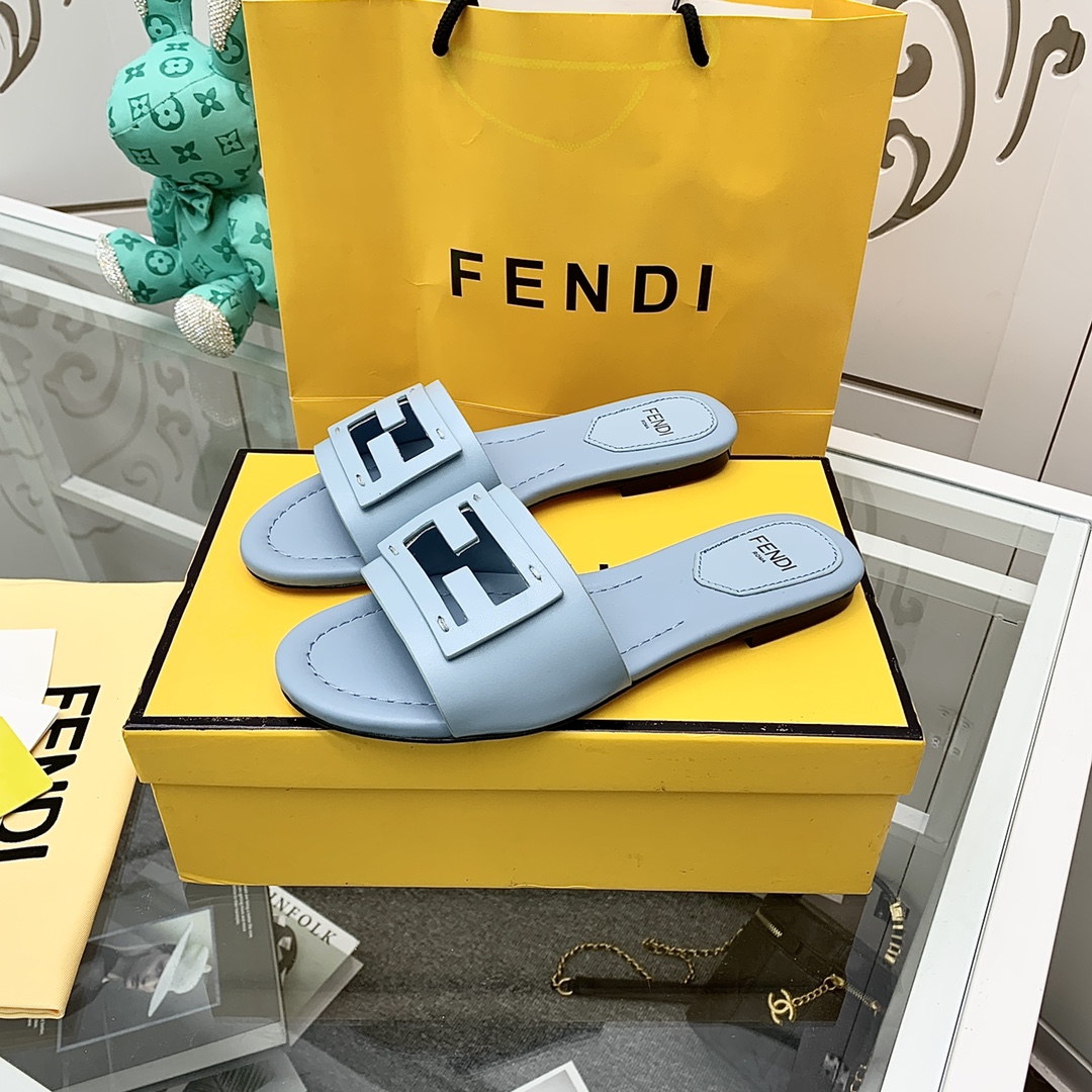 Fendi Signature Light Blue Leather Slides - EUR FASHION