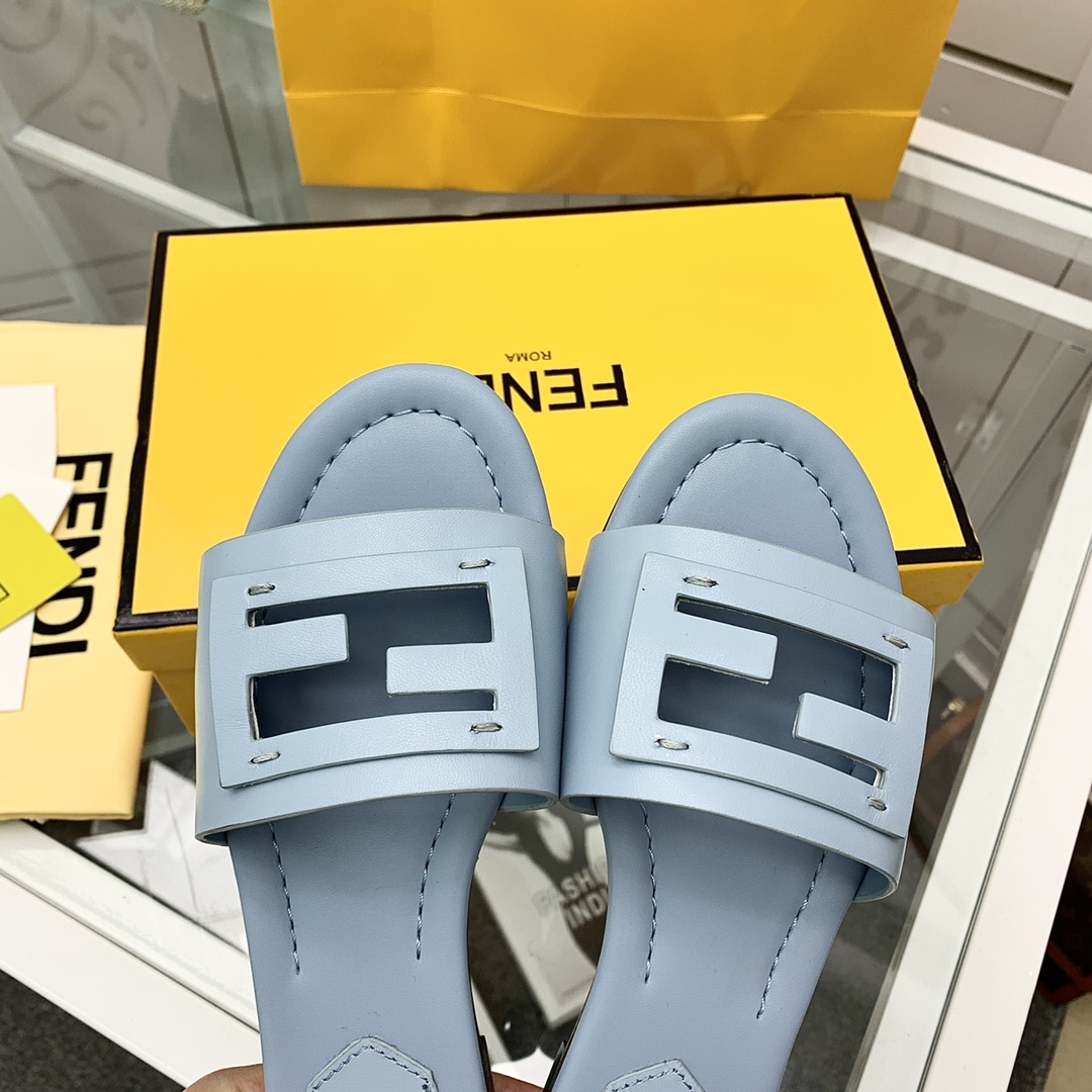 Fendi Signature Light Blue Leather Slides - EUR FASHION