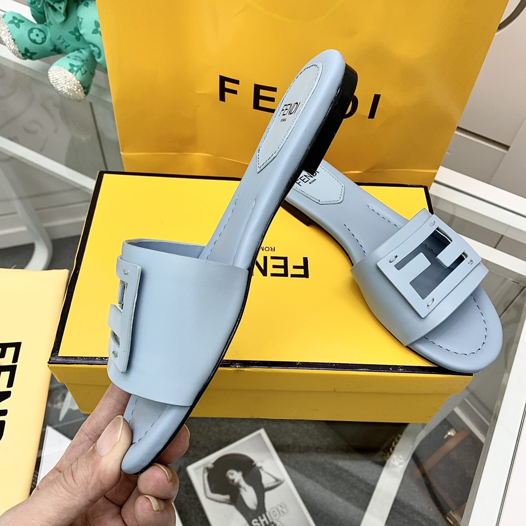 Fendi Signature Light Blue Leather Slides - EUR FASHION