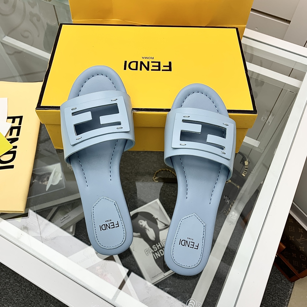 Fendi Signature Light Blue Leather Slides - EUR FASHION