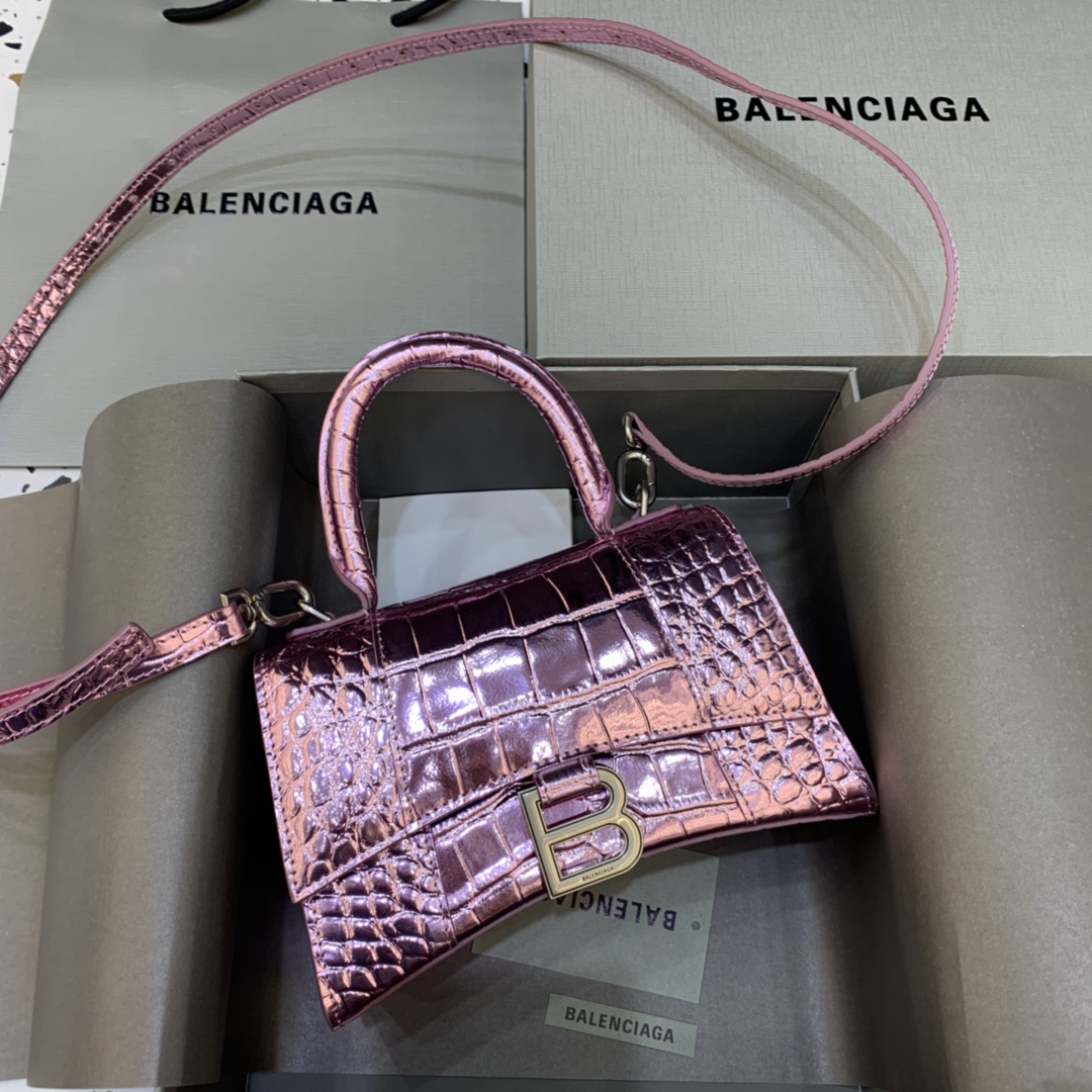 Balenciaga Hourglass Handbag In Pink Metallized Crocodile Embossed (23-10-14CM) - EUR FASHION