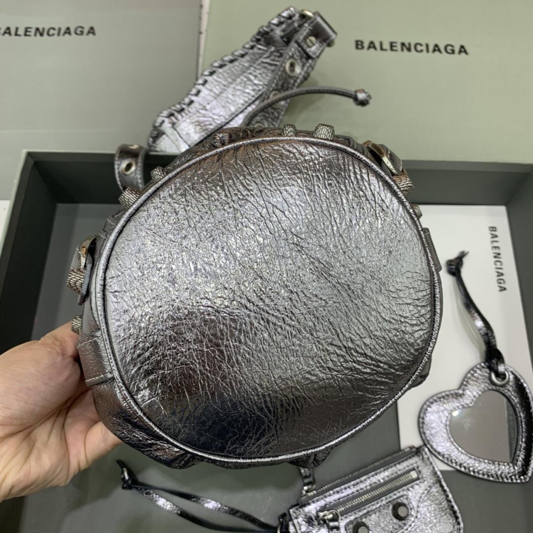 Balenciaga Le Cagole XS Bucket Bag In Silver Metallized Arena Lambskin, Aged-Silver Hardware With White Rhinestones(15-19.8-17.8cm) - EUR FASHION