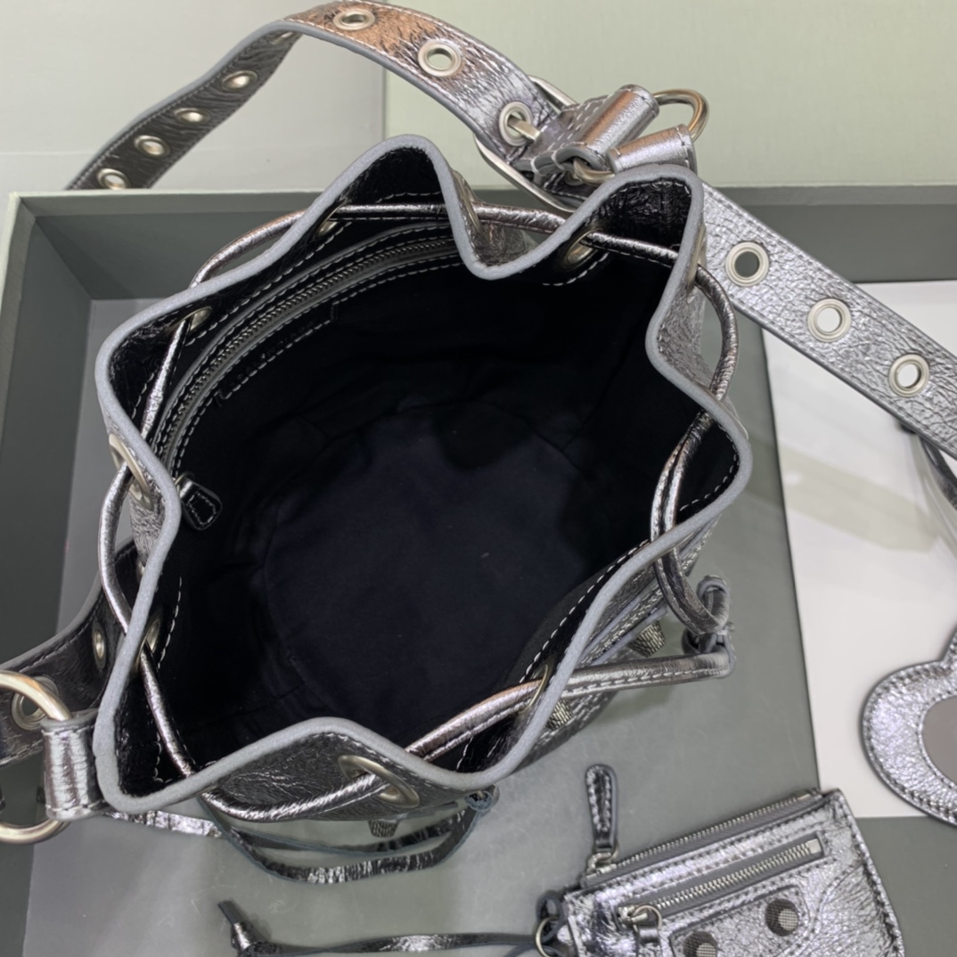 Balenciaga Le Cagole XS Bucket Bag In Silver Metallized Arena Lambskin, Aged-Silver Hardware With White Rhinestones(15-19.8-17.8cm) - EUR FASHION