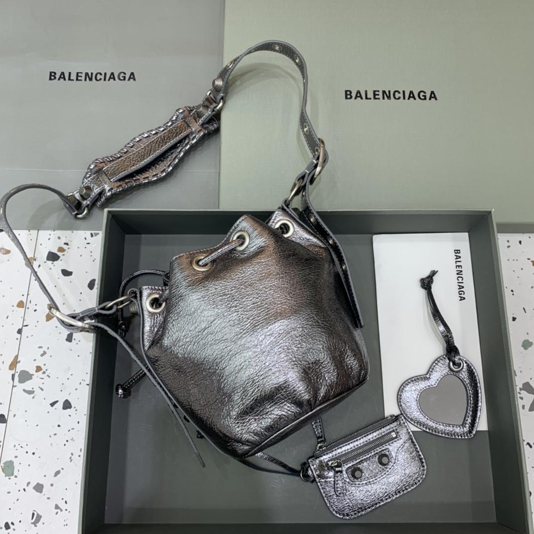 Balenciaga Le Cagole XS Bucket Bag In Silver Metallized Arena Lambskin, Aged-Silver Hardware With White Rhinestones(15-19.8-17.8cm) - EUR FASHION