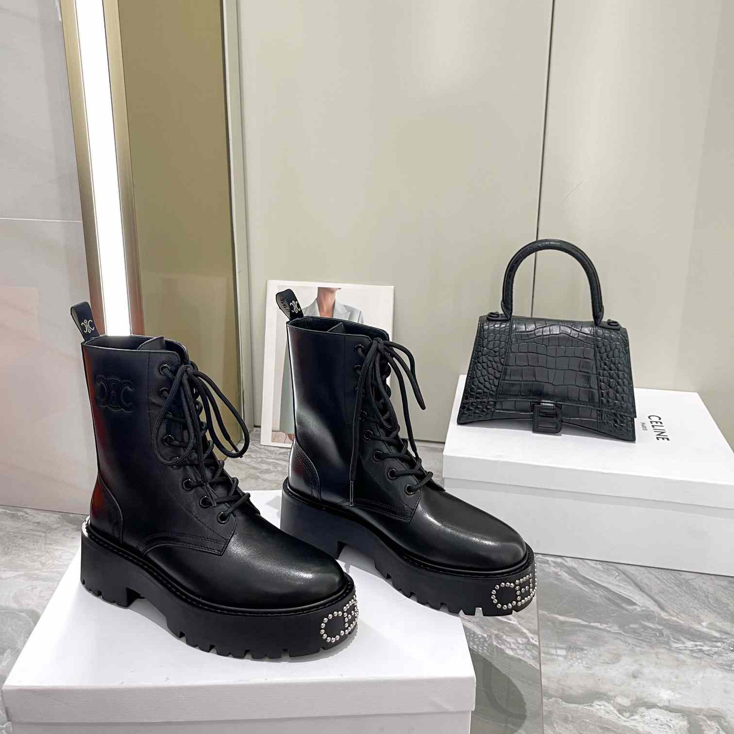 Celine Lace-Up Boot With Triomphe And Studded Outsole Celine Bulky In Shiny Bull - EUR FASHION