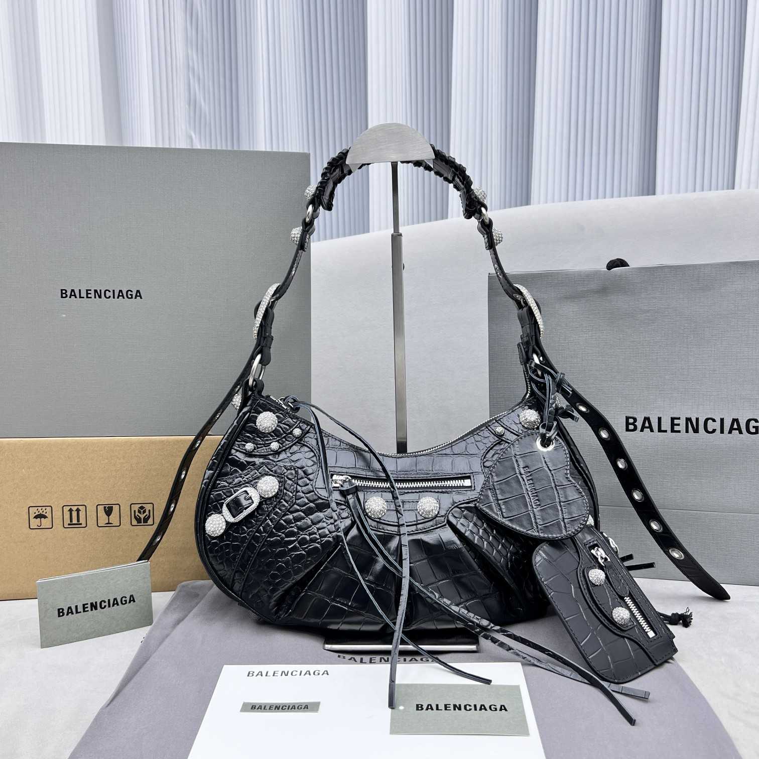 Balenciaga Women's Le Cagole Small Shoulder Bag Metallized Crocodile Embossed With Rhinestones In Black - EUR FASHION