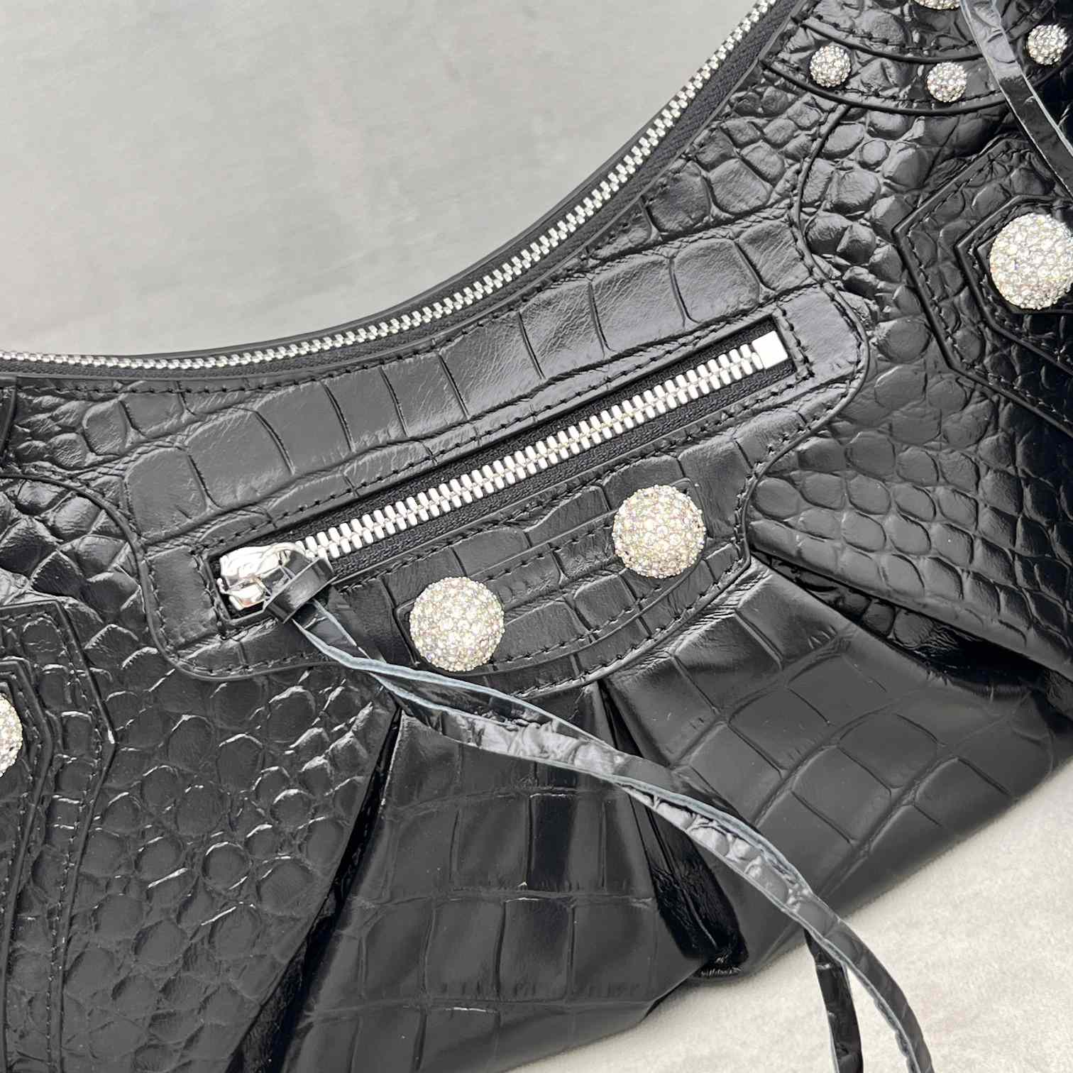 Balenciaga Women's Le Cagole Small Shoulder Bag Metallized Crocodile Embossed With Rhinestones In Black - EUR FASHION