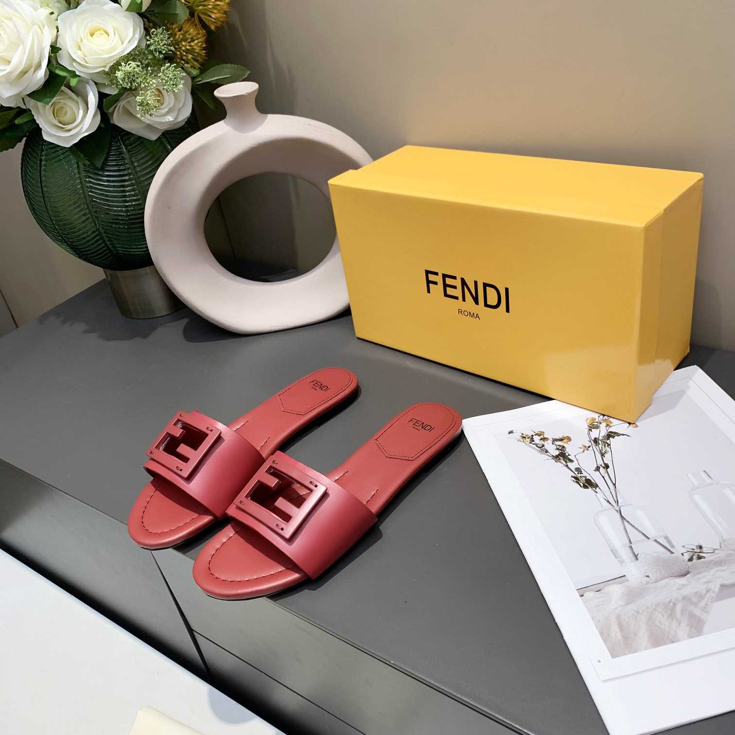 Fendi Signature Red Leather Slides - EUR FASHION