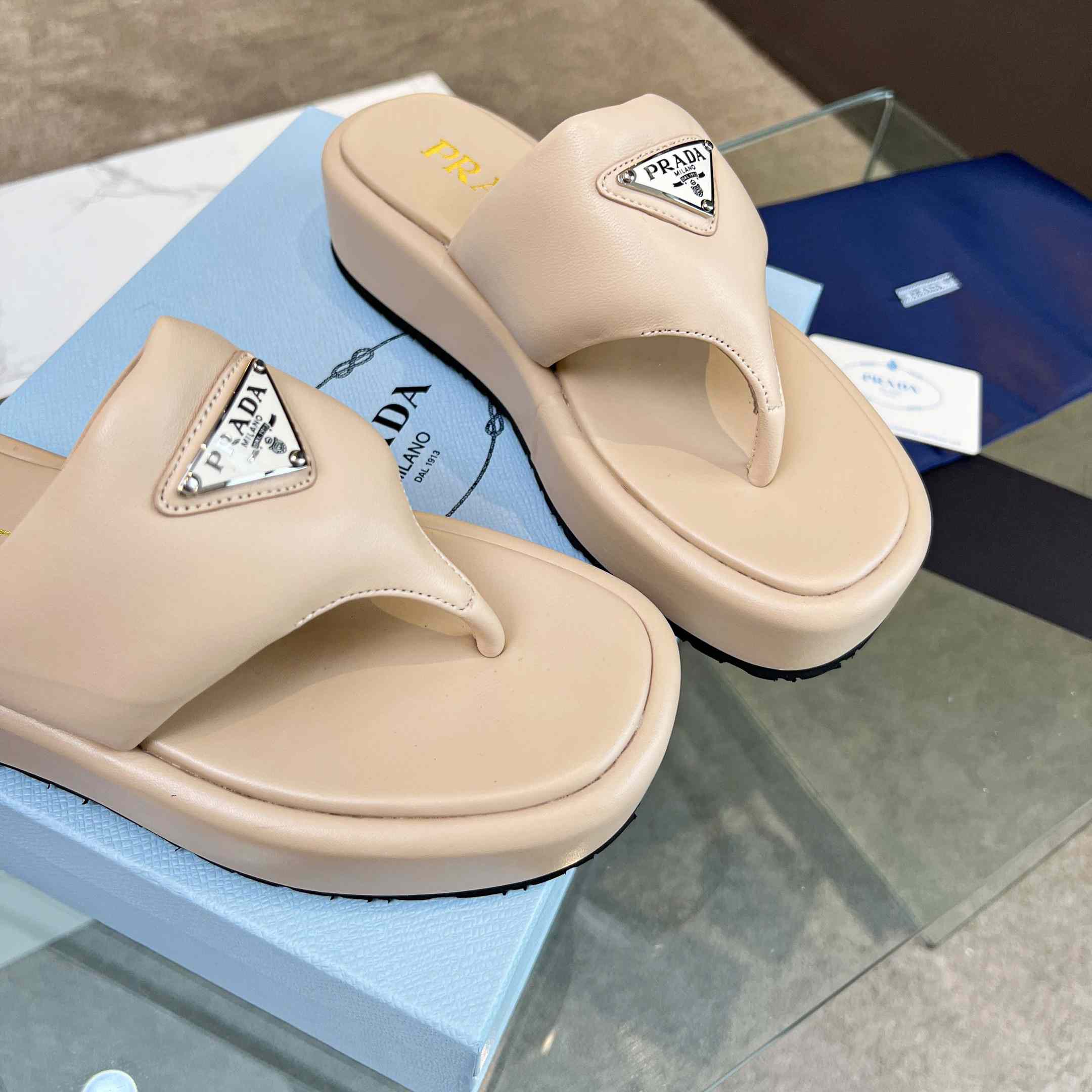 Prada Soft Padded Nappa Leather Thong Wedge Sandals - EUR FASHION