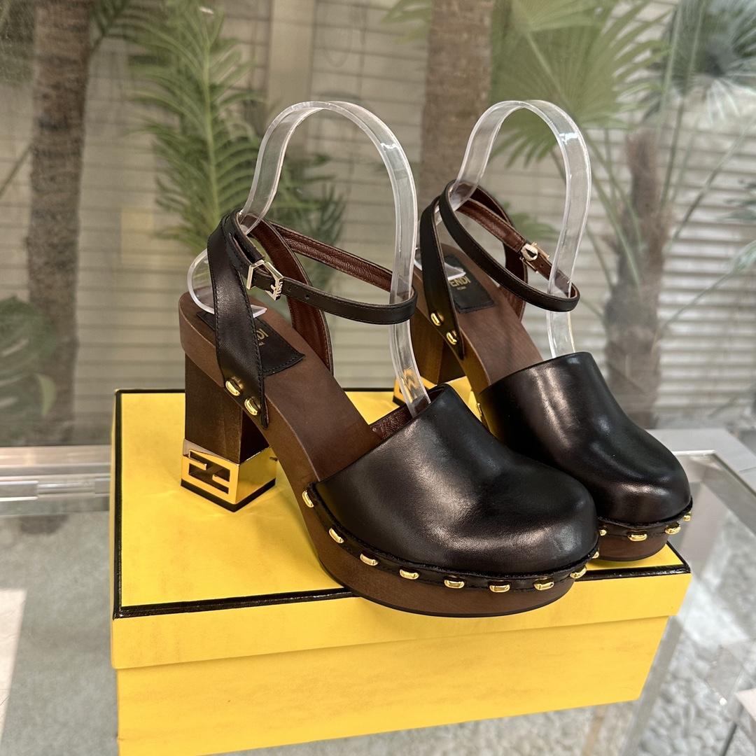 Fendi Baguette Show Black Leather High-heeled Clogs - EUR FASHION