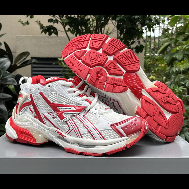 Balenciaga Runner Sneaker In White And Red Mesh And Nylon - EUR FASHION