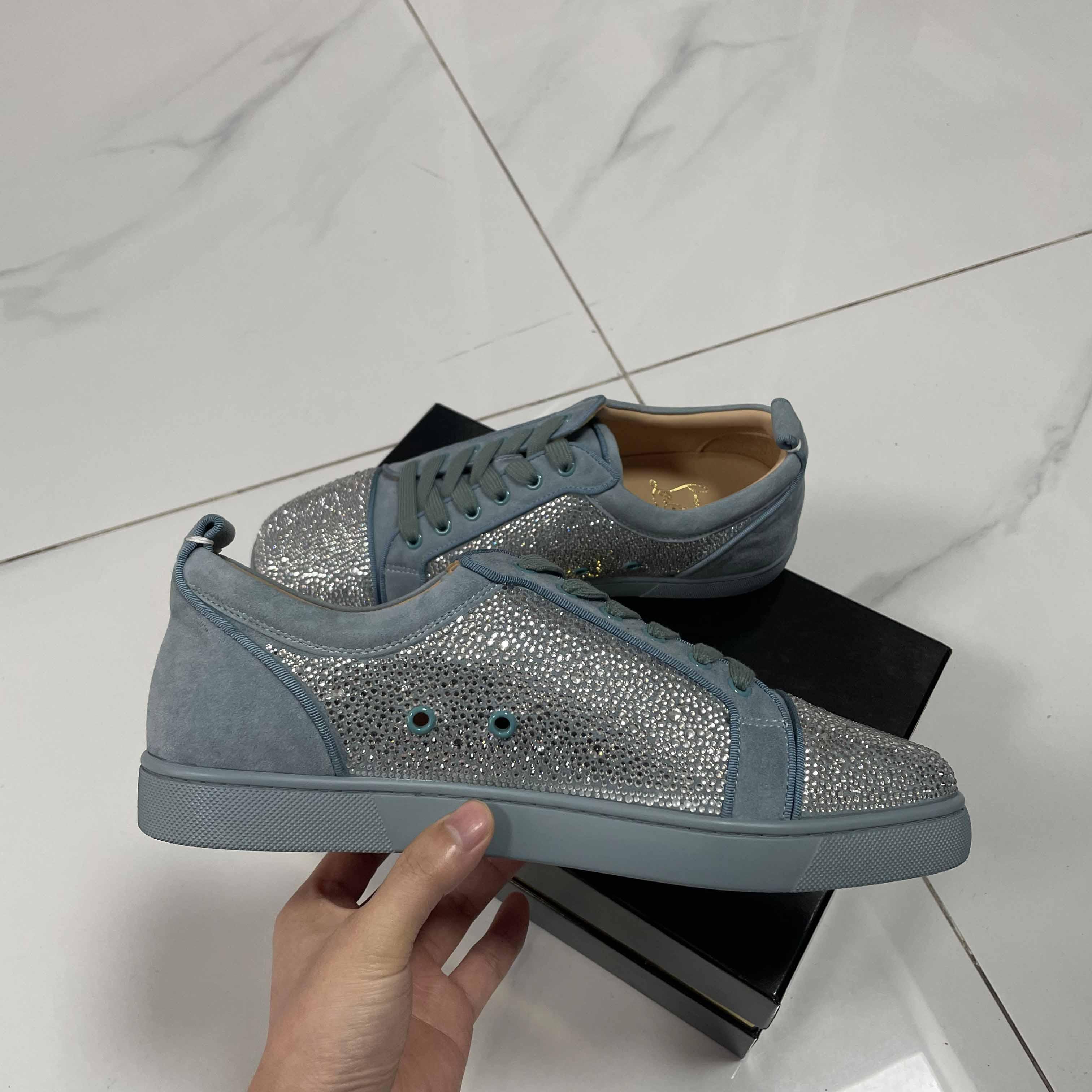 Christian Louboutin Men's Louis Junior Strass Rhinestone Suede Low-Top Sneakers - EUR FASHION