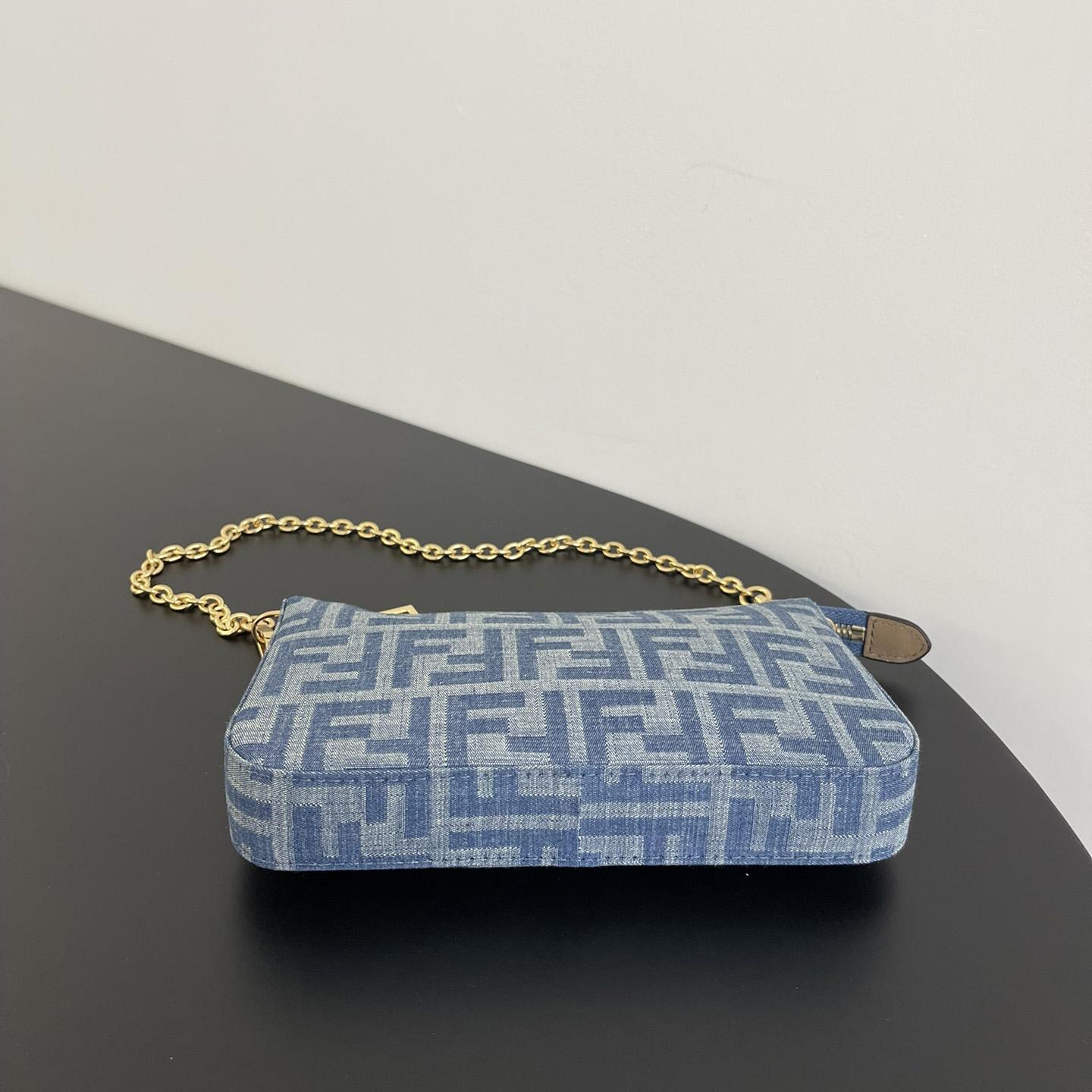 Fendi Baguette Pouch Light Blue FF Denim Fabric Pouch With Chain - EUR FASHION