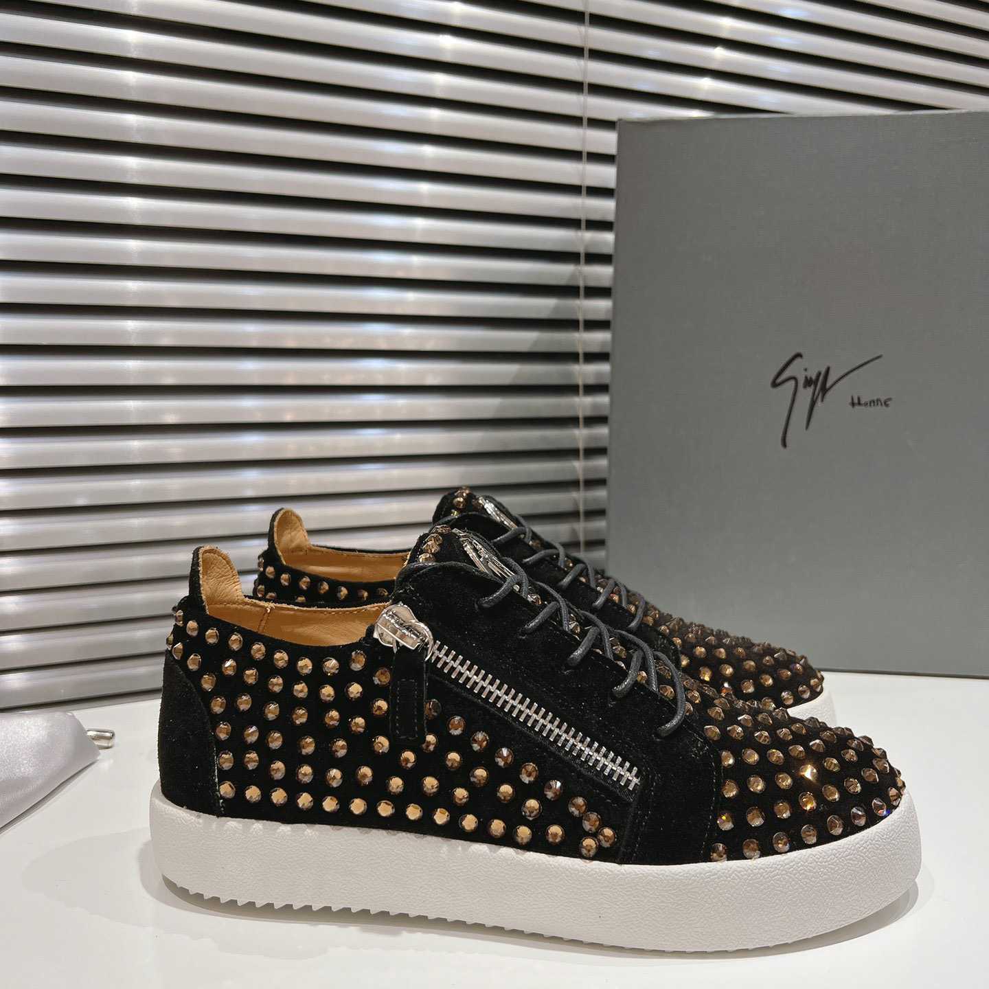 Giuseppe Zanotti Black Suede Crystal May London Sneakers - EUR FASHION