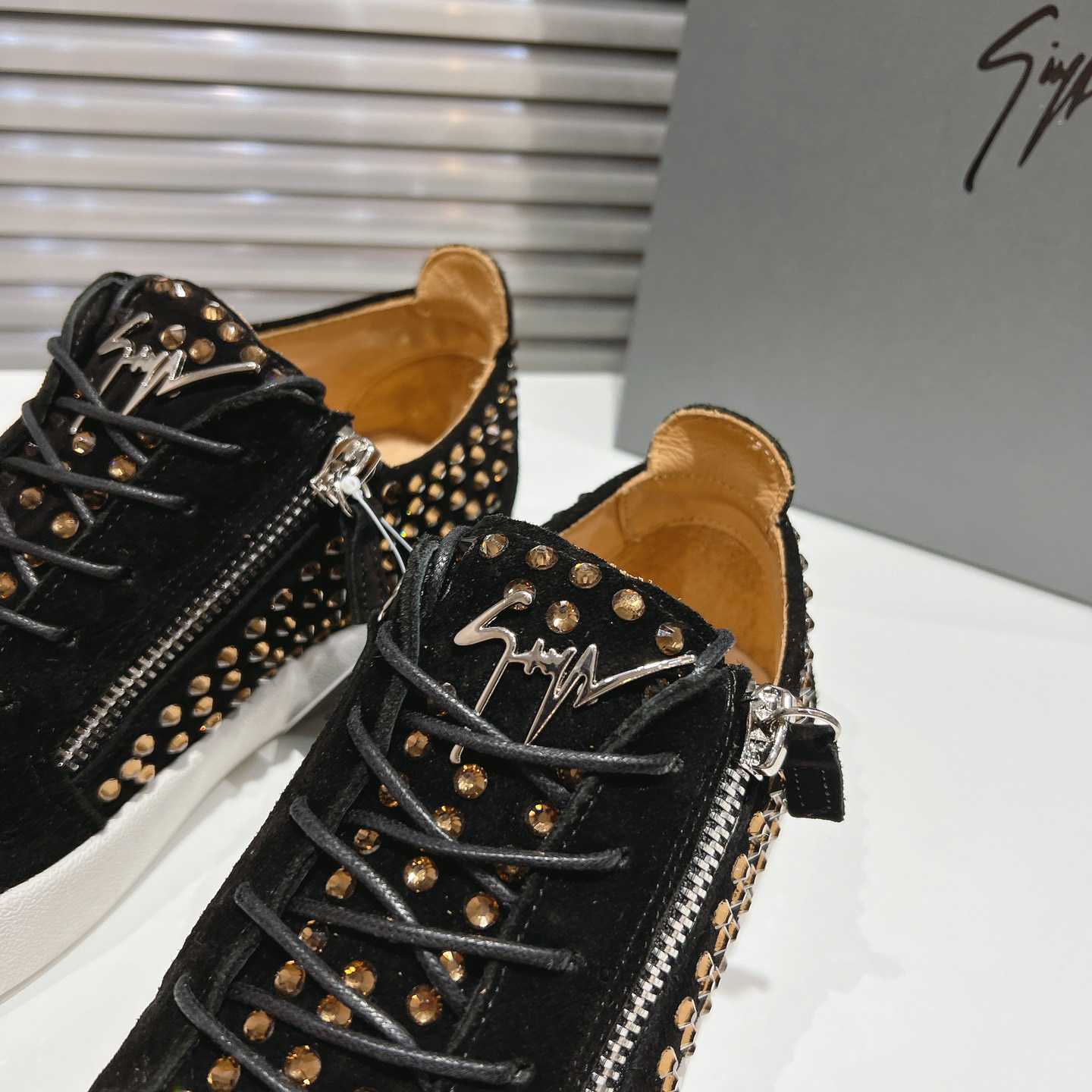 Giuseppe Zanotti Black Suede Crystal May London Sneakers - EUR FASHION