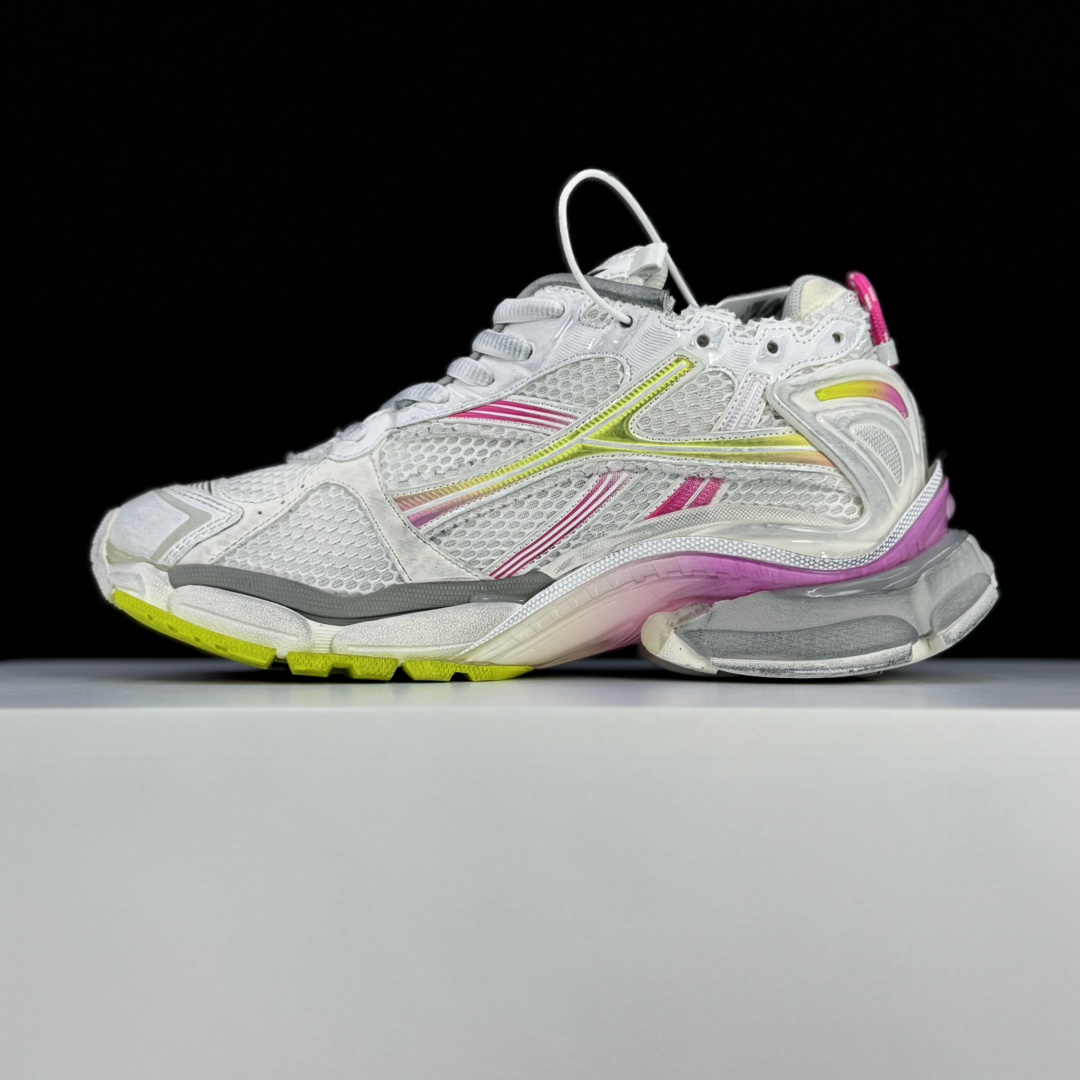 Balenciaga Runner Gradient Sneaker In White, Pink, Grey And Neon Yellow Mesh - EUR FASHION