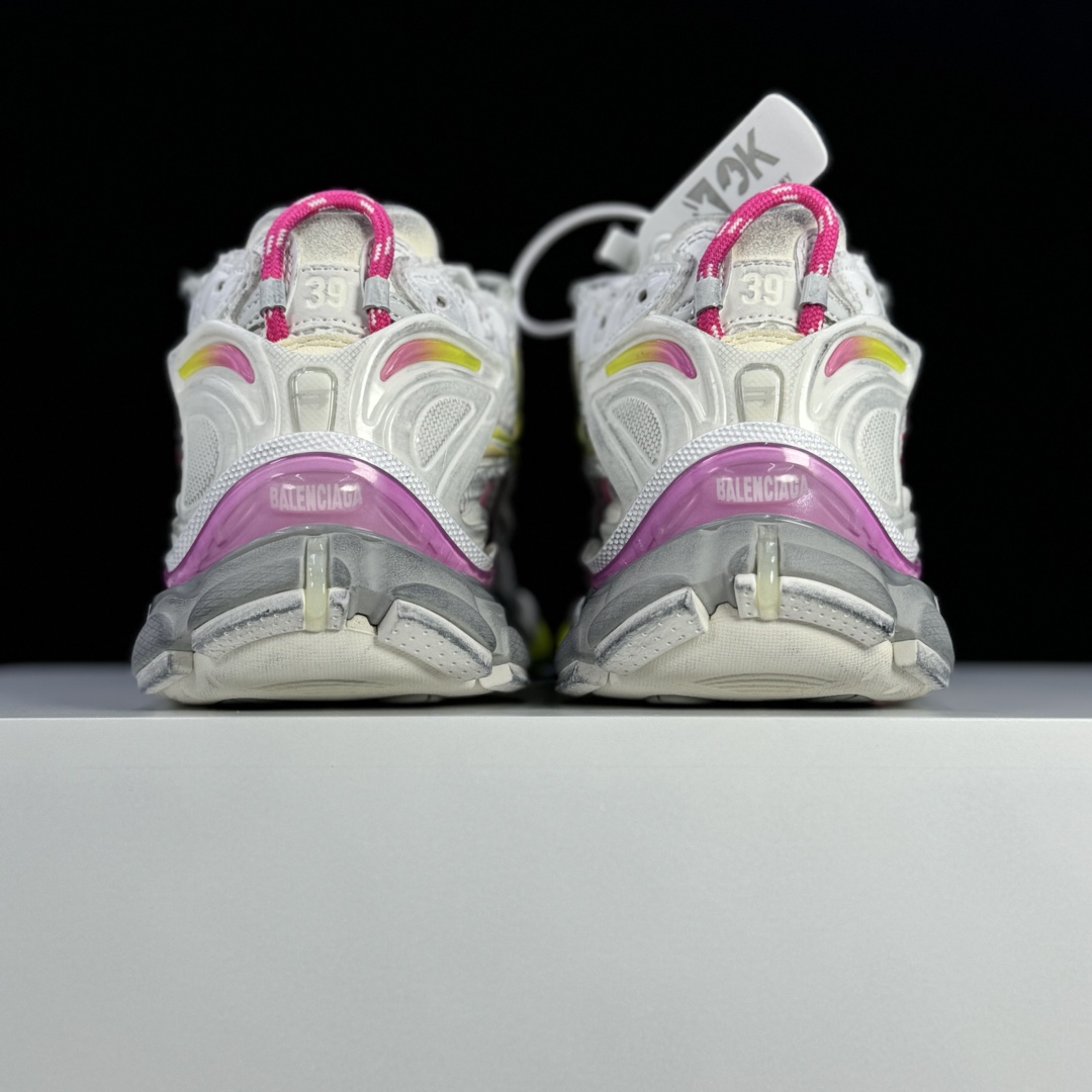 Balenciaga Runner Gradient Sneaker In White, Pink, Grey And Neon Yellow Mesh - EUR FASHION